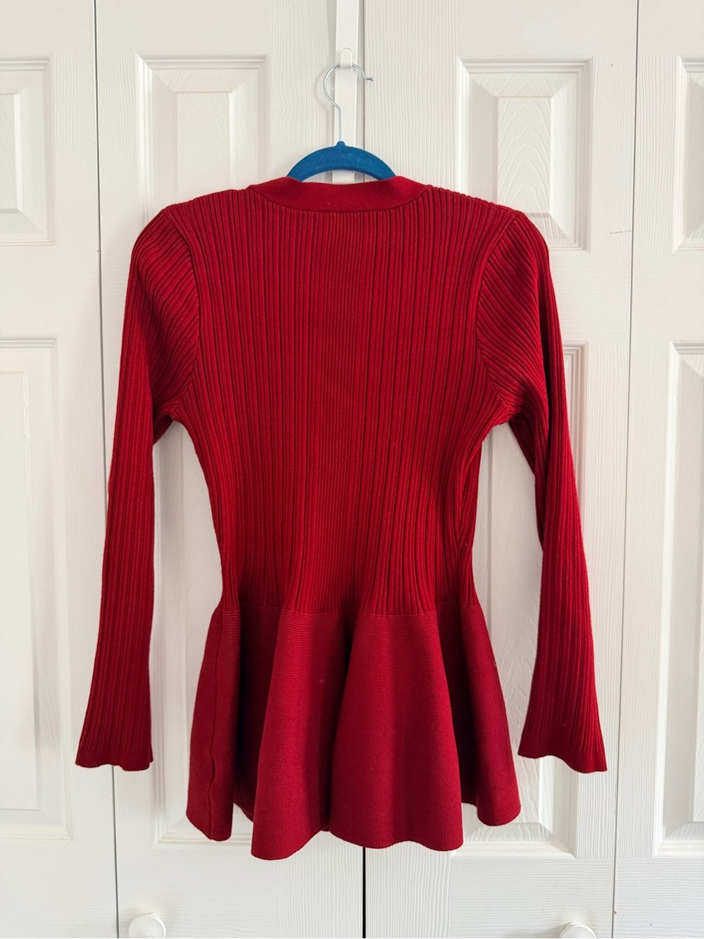 Red Ribbed Peplum Button-Front Cardigan Sweater - Picture 2 of 3